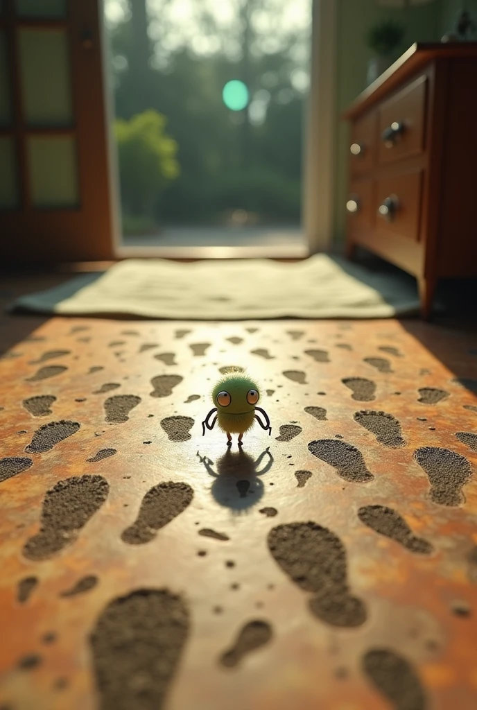sheldon J plankton mini footprints on the floor at home, dont show plankton, only his fingerprint at home. More mini than that. Shadow fingerprint. Everywhere. SUPER MINI