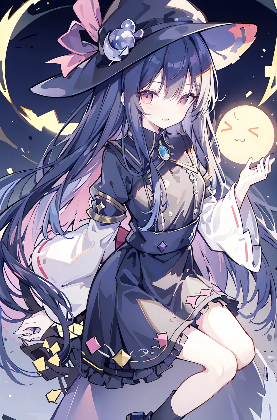 oung Girls,Humanity,A magician always smiles,big witch hat,cute,dark blue long hair,The eyes are dull,The bangs are heavy,Thin eyebrows,fantasy,intake,Double teeth,Star Theme,Constellation pattern,Solid color clothetal decoration,cloak,A bit of a dark atmosphere,A little crazy smile,When the big moon shines outside at night,blood,Hair black star embellishment,Short tie,No nails,High waist skirt,Bell sleeves,Long-sleeved shirt,Black tie,low risk,gentlemen。Mist、Yellow and white effect,Shocking pink as an accent color