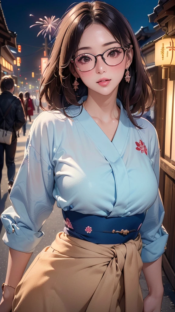 One Girl(High resolution, masterpiece, accurate, Anatomically correct), ((Landscape、Wearing glasses、A happy look、Slightly red cheeks))(((A pose with the waist bent forward:1.30、looking at the camera)))、(Light Hair、Brown eyes、Straight hair)、((Colorful kimono))((festival、firework))、Highest quality, Ultra high definition, High-resolution model