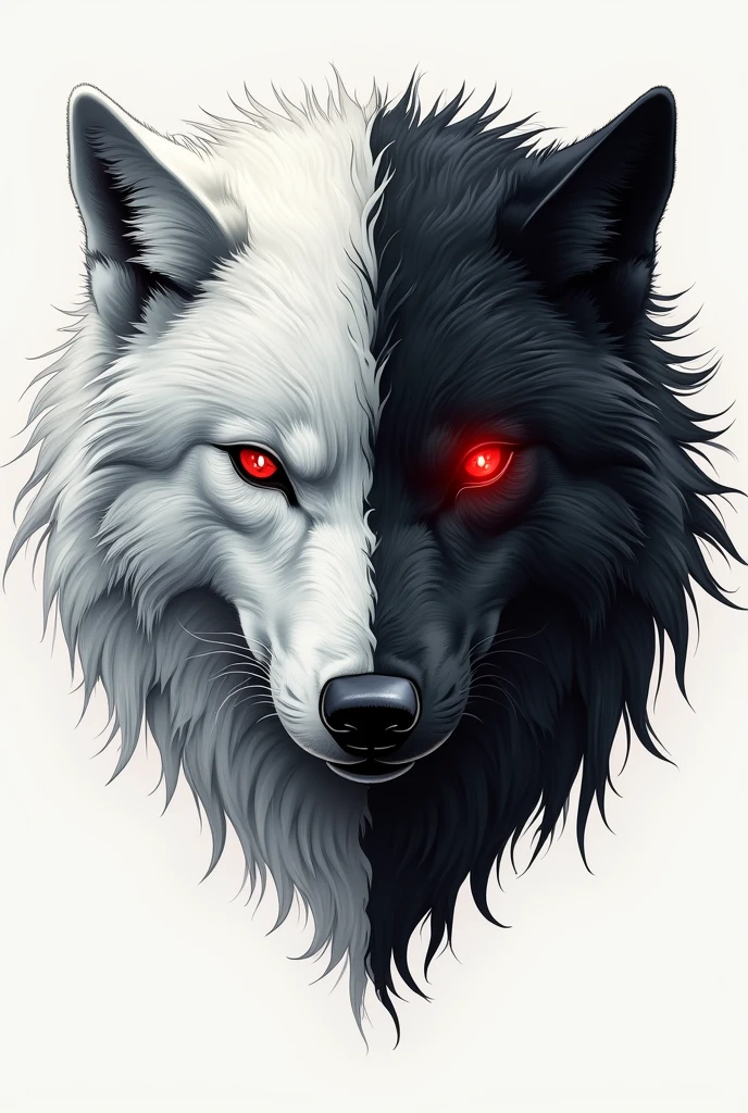 a tattoo with a white wolf and a black wolf and both with red eyes