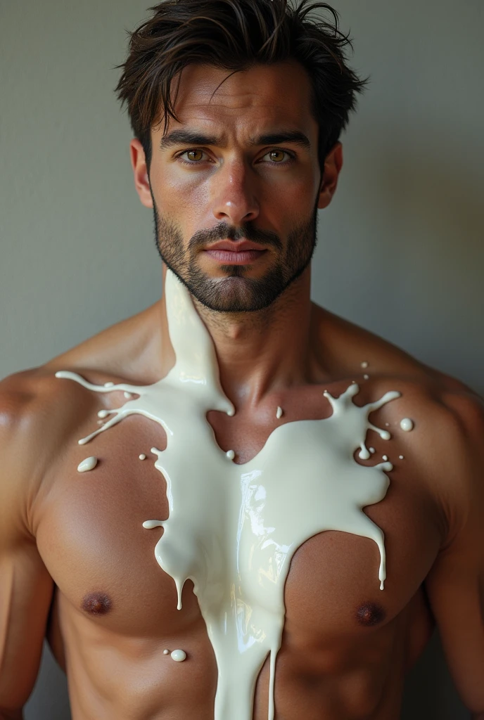 (absurdres, highres, ultra detailed), 1 male, solo, handsome, extremely detailed facial features, tall muscular guy, sexy gaze, mature, wet, focus on his calm facial features, looking at the viewers romantically, shirtless, bare body, largest breasts covered with heavy milk, heavy milk splashed all over his chest, heavy milk dipping from his nipples, sexy posture, wearing black underwear,