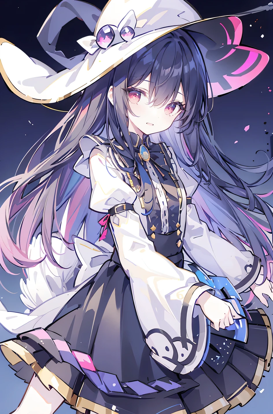 oung Girls,Humanity,A magician always smiles,big witch hat,cute,dark blue long hair,The eyes are dull,The bangs are heavy,Thin eyebrows,fantasy,intake,Double teeth,Star Theme,Constellation pattern,Solid color clothetal decoration,cloak,A bit of a dark atmosphere,A little crazy smile,When the big moon shines outside at night,blood,Hair black star embellishment,Short tie,No nails,High waist skirt,Bell sleeves,Long-sleeved shirt,Black tie,low risk,gentlemen。Mist、Yellow and white effect，Shocking pink as an accent color