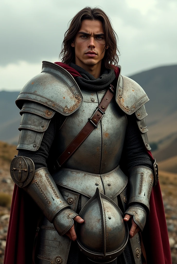 Italian soldiers, 27 years old, long brown hair, black eyes, wearing robust medieval armor. He holds a battle helmet