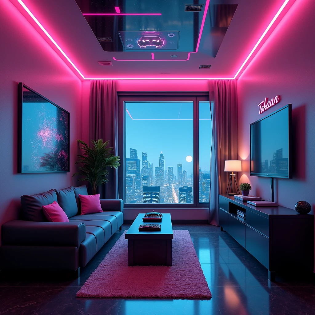 Room with a sofa on the left and a TV on the right wall with a TV cabinet underneath. On the back wall a window with a rather futuristic view in a Cyberpunk theme. 's bedroom in a Cyberpunk theme with neon lights on the ceiling and the words TOKAAN written on the left wall above the sofa with the Twitch logo