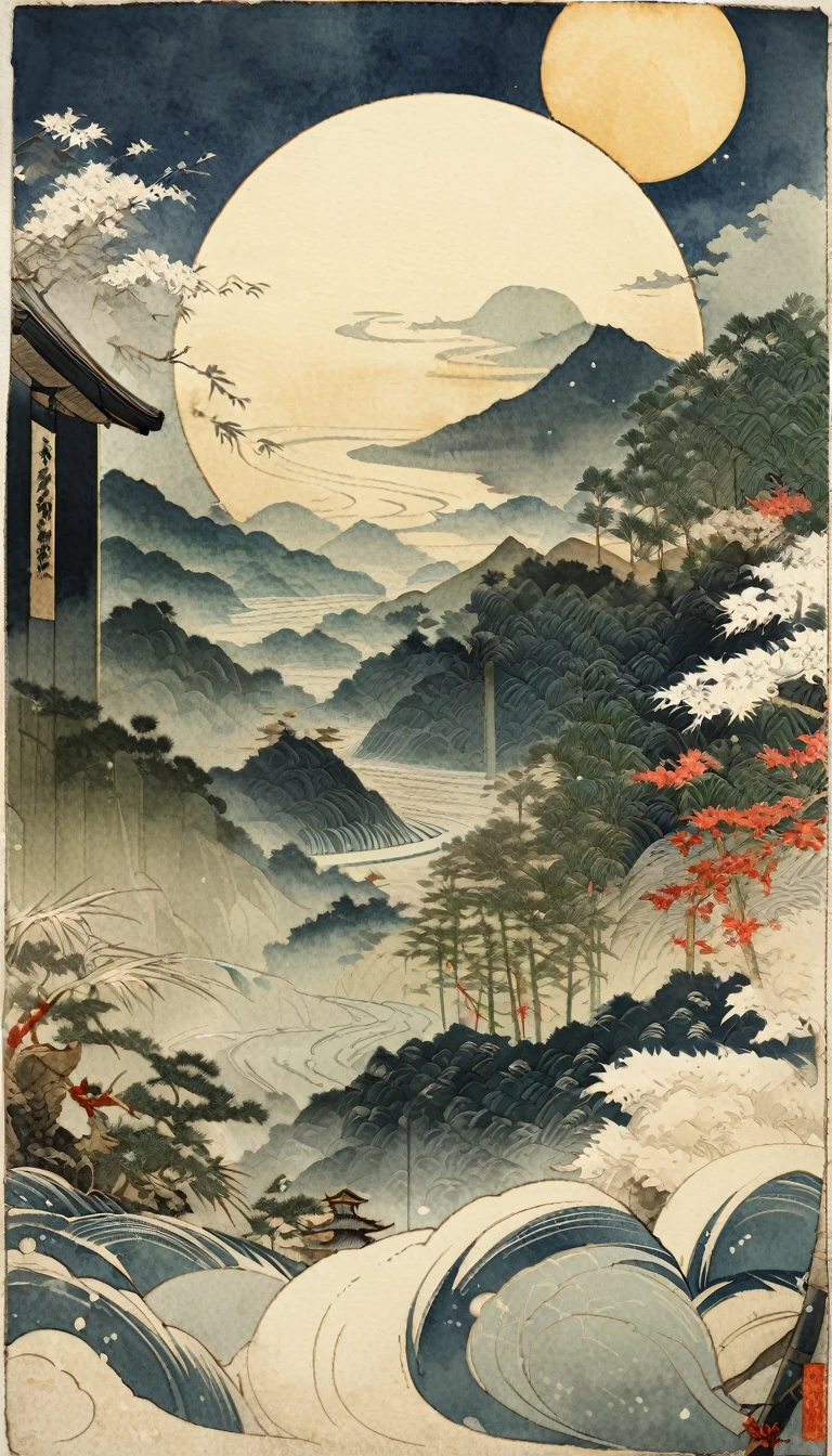 Ukiyo-e, Japanese painting, woodblock print, Watercolor, bamboo forest, A single bamboo stalk glowing golden, Huge full moon in the background, (Super detailed, The absolute solution, Highest quality:1.3), 2.5D, delicate and dynamic, artistic, Hyper, Graphics CG Digital Art