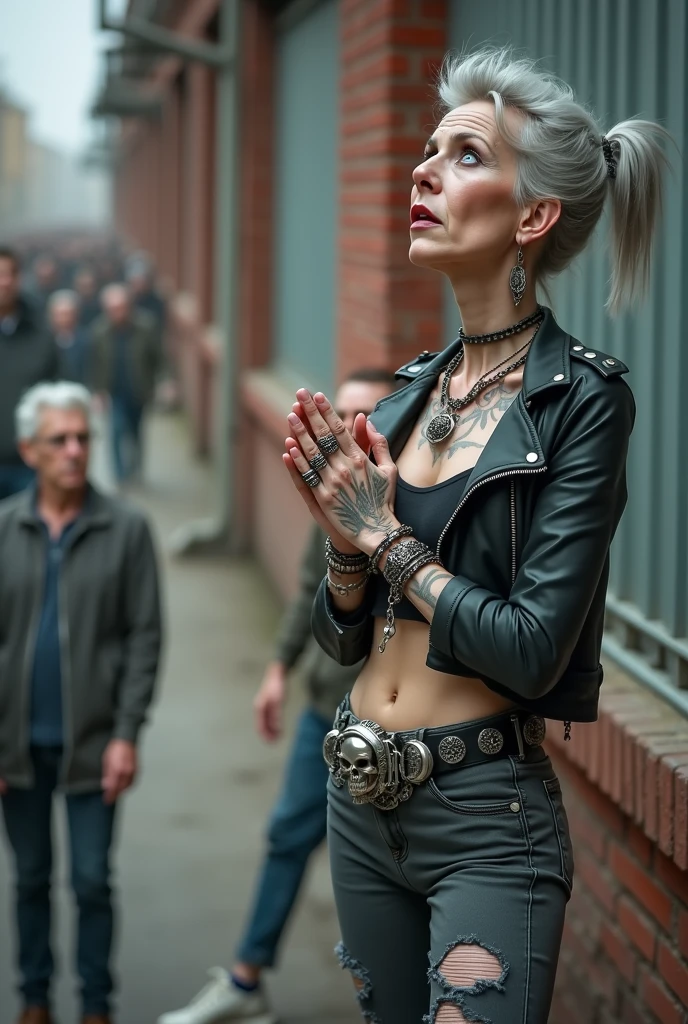 russian old milf woman, biker gang member, long grey hair (bump, quiff and ponytail) with very light blue eyes, extremely pale. Thin. Sad, humble face. Wearing cropped black moto jacket with side zippers, black cropped tank top with pentacle logo, skinny black jeans with holes and white tennis sneakers. Lots of metallic bracelets. Chains. Tacky wide belt with massive skull and bones buckle . Both hands in prayer. Demonic tattoos. Lots of rings. Long earrings. Looks up with amazement because she thinks God is talking to her, mouth and eyes open. Skinny legs, narrow hips. People around look at her