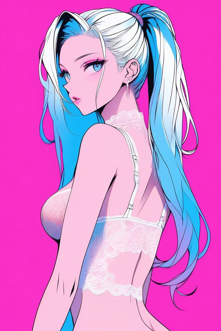 Illustrator, anime , Realistic ,sketch , 1 person, model, Age 25, lip, Sheer black lingerie, Adorned with a rich lace., order, Blue and pink gradient background, Neon Hair, Big Breasts, look back, On all fours in bed, Sexy look, Texture Trim, Russia, (masterpiece,Highest quality)
