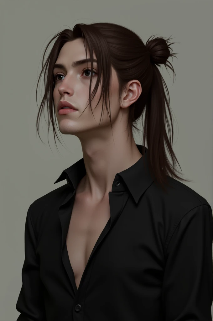 A brown-haired man with long tied-up hair, long collarbone, wearing a black dress shirt, light brown hair, black eyes,