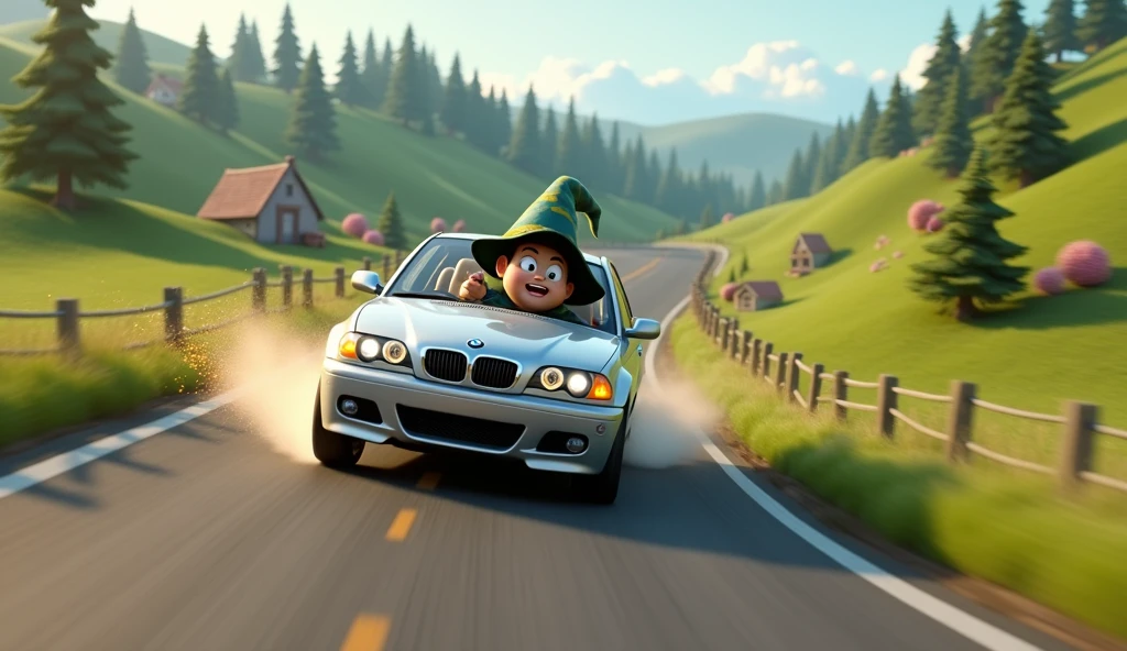 Im Stil von Pixar 3D-Animations-Filmen. A silver BMW E46 Compact races along a country road, spraying sparks behind it. He is driven by an aggressive skinny boy in a wizard costume.