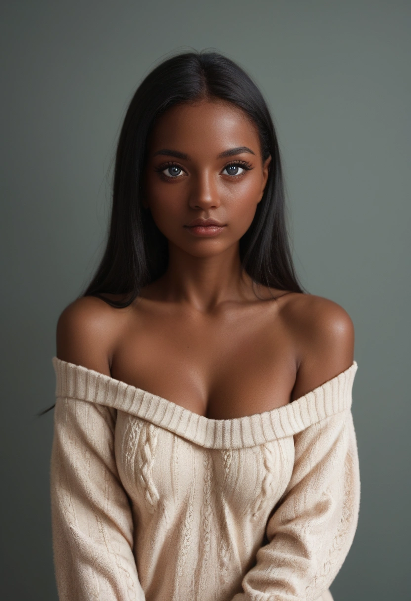 Upper body shot, ((beautiful black woman with flawless dark skin)), long hair with blue gradient shine, clearly defined facial features, big detailed eyes, ((( wearing an off the shoulder sweater))) bright flowers in the background, masterpiece, best high quality image,96k, HD, depth of field, 1080P wallpaper, Stand out, Character focus, high quality, incredibly detailed, UHD image quality in the style of Diego Gravinese