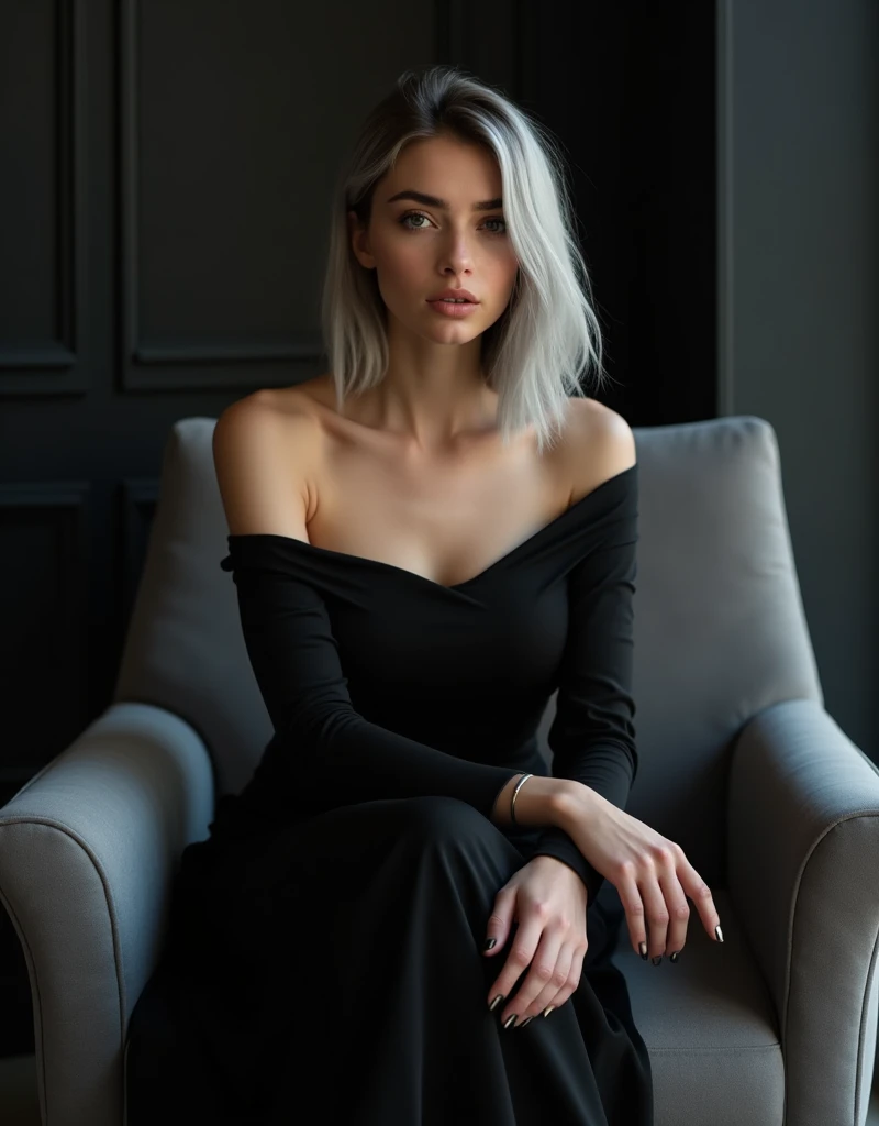 Girl sits elegantly on a modern soft chair, looks straight, Sits up straight, Against the background of a dark room, black off shoulder top, light gray medium length hair, good lighting, realistically, photo