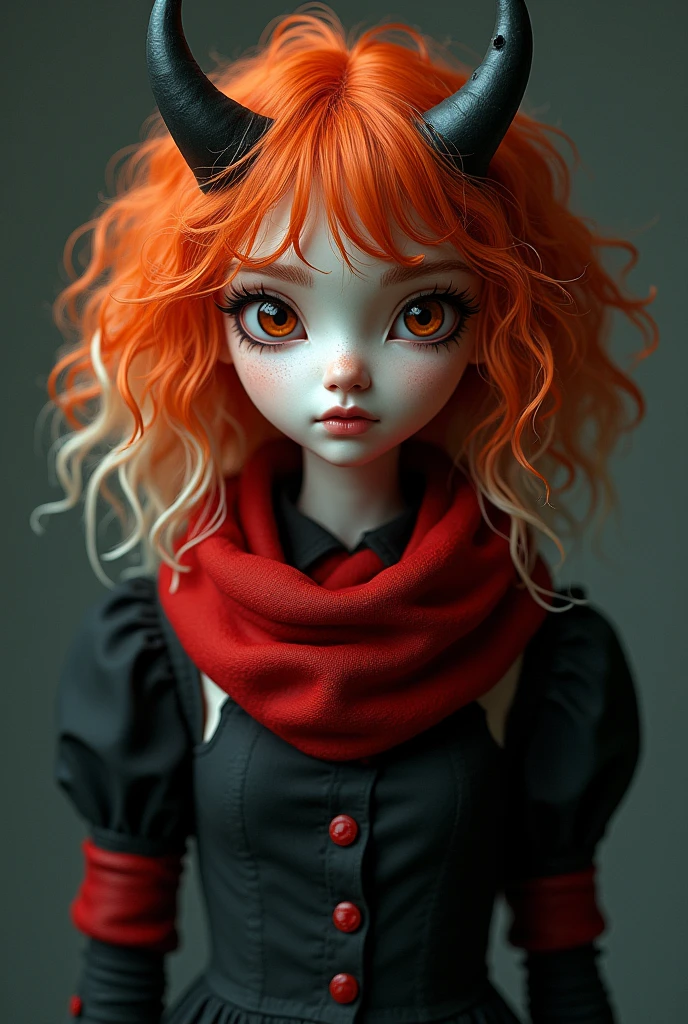 A demon, half human and half fish with orange red hair, curly, with her white fringe of hair wearing a black button-up dress and a red scarf also having small black horns in the middle of her head