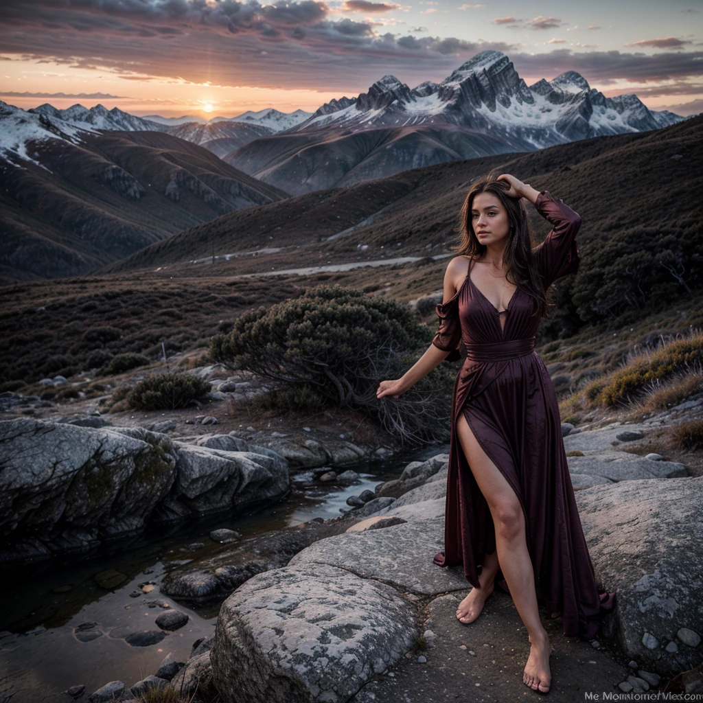 A 35-year-old woman radiating strength and elegance in a dramatic, mountainous landscape during sunset. She stands on a rocky outcrop, dressed in a flowing, deep-colored gown that contrasts with the rugged terrain. One arm is outstretched as if reaching for the horizon, while her gaze is focused on the distant peaks, exuding determination and grace. The camera is positioned low, capturing her against the backdrop of towering mountains, with the sky painted in shades of orange, pink, and purple. The background includes jagged cliffs, distant snow-capped peaks, and a winding river far below, adding depth and majesty to the scene. Photographed with a 24-70mm lens, the image blends her poised beauty with the epic grandeur of nature, creating a powerful and inspiring composition.