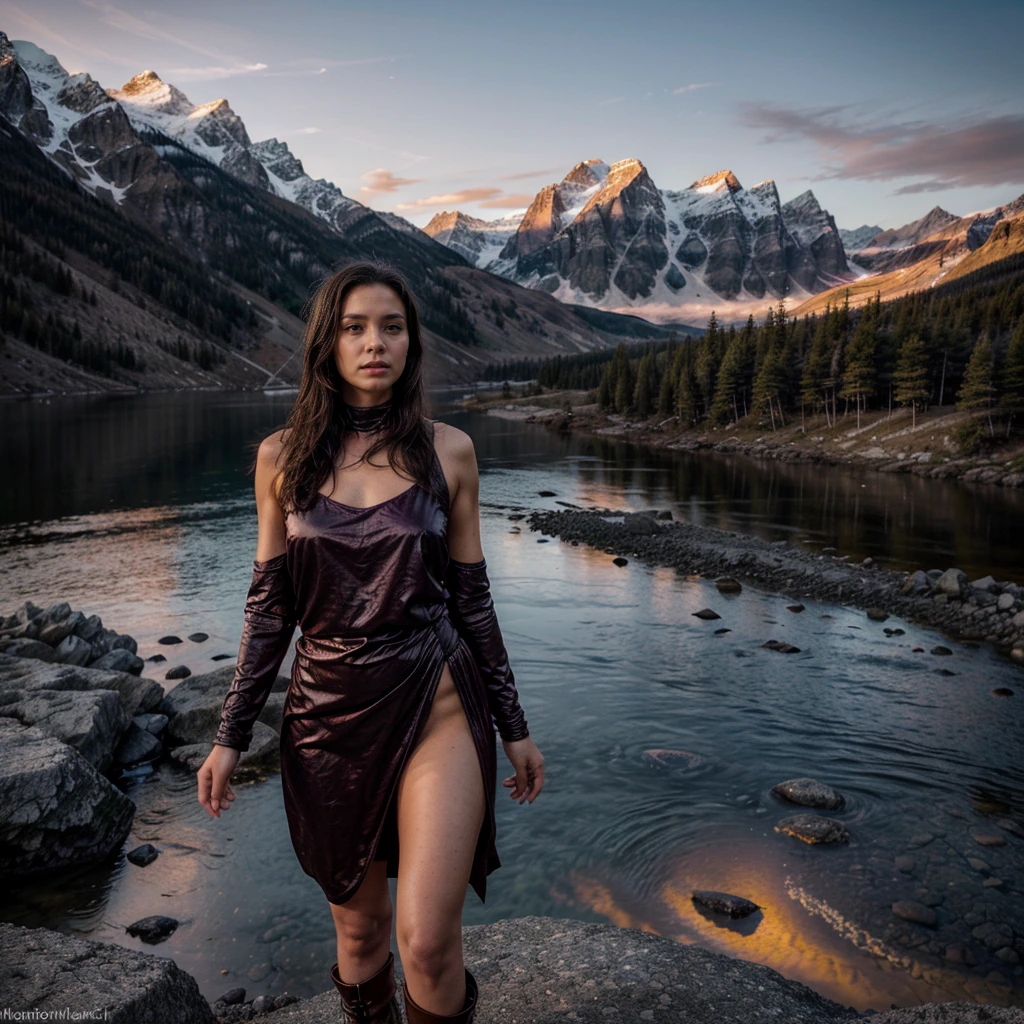 A 35-year-old woman radiating strength and elegance in a dramatic, mountainous landscape during sunset. She stands on a rocky outcrop, dressed in a flowing, deep-colored gown that contrasts with the rugged terrain. One arm is outstretched as if reaching for the horizon, while her gaze is focused on the distant peaks, exuding determination and grace. The camera is positioned low, capturing her against the backdrop of towering mountains, with the sky painted in shades of orange, pink, and purple. The background includes jagged cliffs, distant snow-capped peaks, and a winding river far below, adding depth and majesty to the scene. Photographed with a 24-70mm lens, the image blends her poised beauty with the epic grandeur of nature, creating a powerful and inspiring composition.