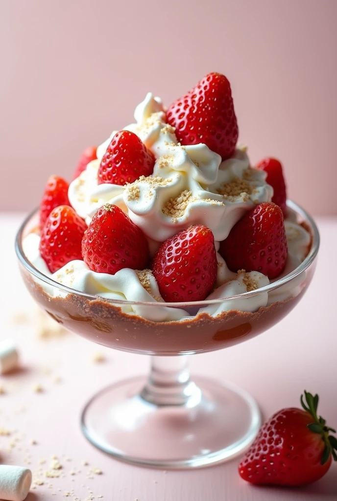 Strawberries and cream in a 500ml transparent bowl with a full rim of Nutella and decorated with mini marshmallows and milk powder on top