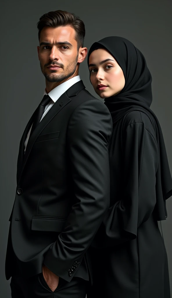 27 years old man with a , man wear black suit slim smart normal body , woman age 29 , Muslim woman on the side