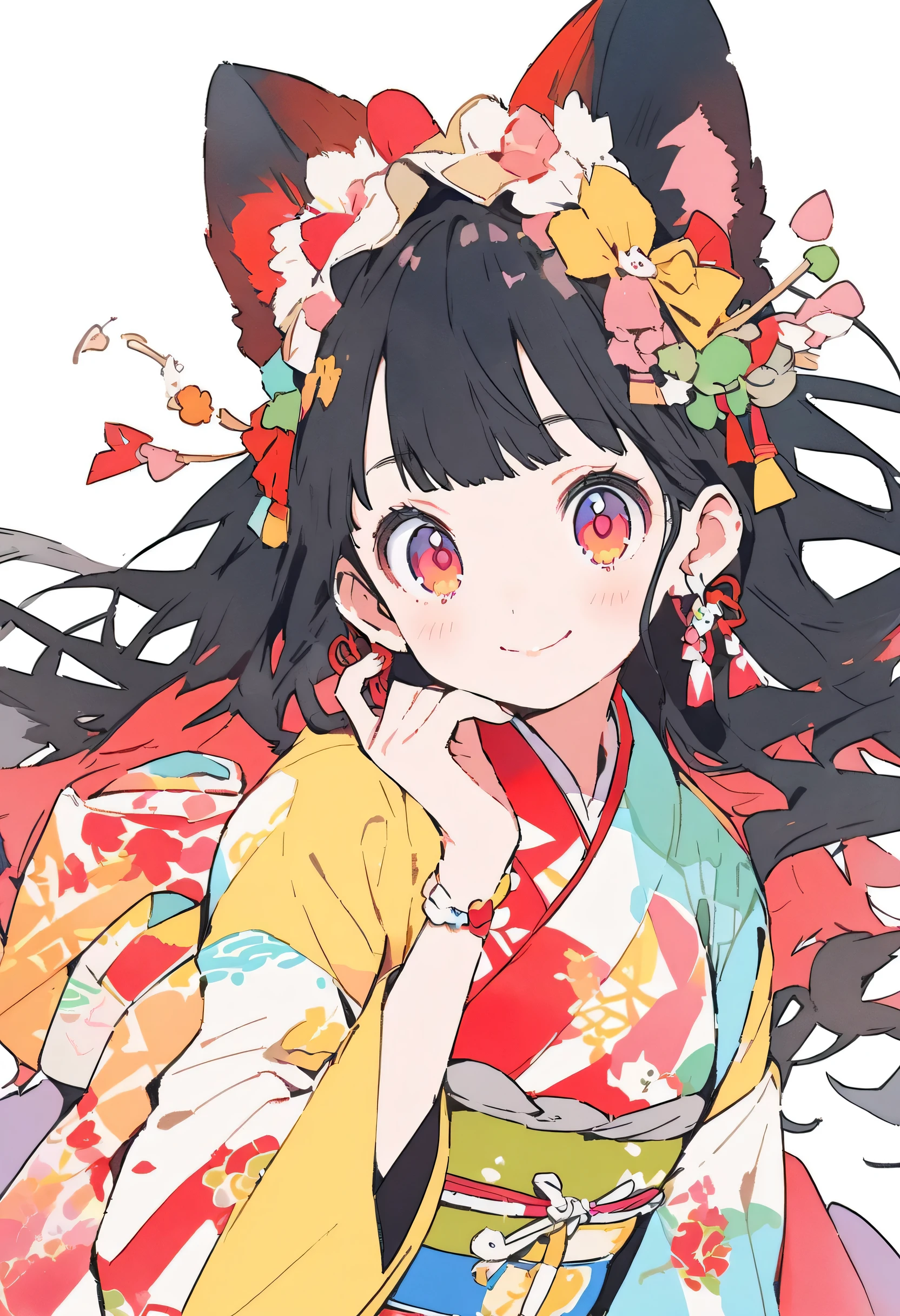 chibichara, cute girl, flatcolor, line art, pop art, pop illustration, watercolor, clear, beautiful detail, japanese cloth, chibichara, fullbody