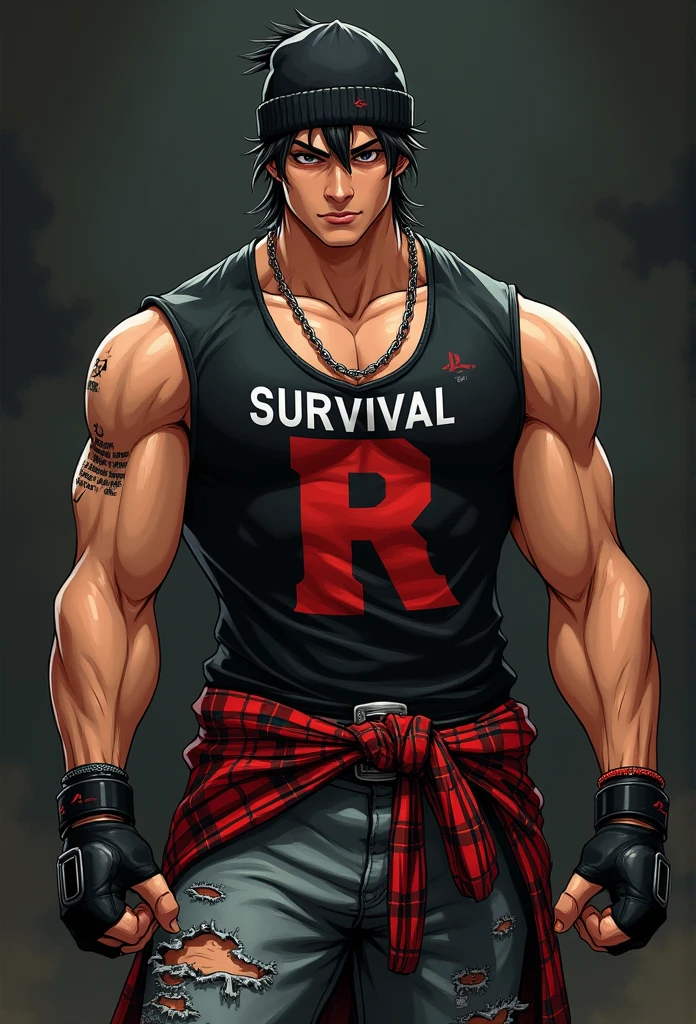 Tan skin (Asian American ager), in a black vest with a red "R", grey, tattered jeans, black tank top with "SURVIVAL" on the center, a pair of red sneakers, a chain necklace, bracelets on his right wrist, a pair of gloves, a knit cap, and a plaid shirt around his waist, mechanic punk outfit, ps 3 screenshot, heavy gesture style closeup, 2 k, 2k, badass pose, punk outfit, beefcake pose, full body close-up shot, open v chest clothes, punk-rocker, ernest khalimov body, mma southpaw stance, detailed fanart, badass anime 8 k