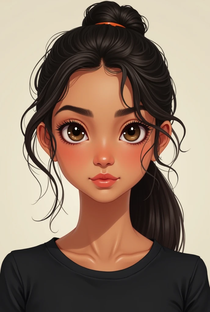 Create a close-up illustration of a beautiful 15year-old north indian girl girl brown colour girl . She has beautiful narrow eyes .  Clean jawline . carefully styled her hair into a neat ponytail and black t shirt picture should be until neck