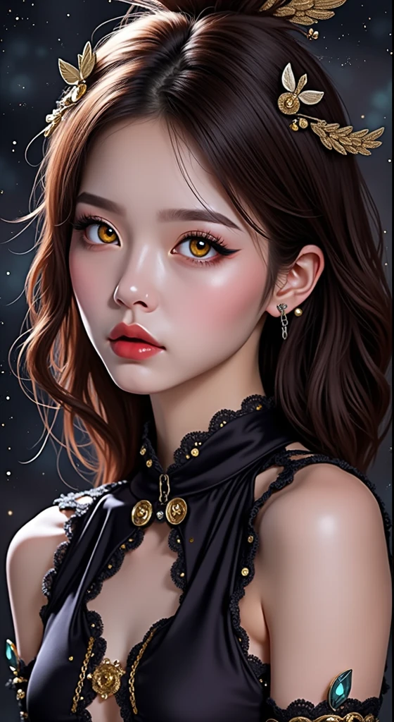 1 2, 1 zodiac goddess from the future, 12 Zodiac goddess pink-purple, 12 Zodiac goddess Audai thin sexy yellow deep slit chest, 12 zodiac Ao Dai many details black lace deep slit chest, Goddess mythology 12 zodiac signs from the future, chineseZodiac, Luxurious sparkling zodiac style, dark and mysterious version, zodiac crown, Red lipstick, thin and pretty lips,don't smile,Keep one's mouth shut,Characters created by Carol Barker and Pino Dianey,Complicated details,detailed back ground,extremely detailed ??????,Light magic,A woman of one,full bodyesbian,s the perfect face,Clear face,Look at the face of the goddess of the zodiac,Blooms' chest, Big and round breasts,Long hair with flat bangs,beautiful detailed face and well-proportioned eyes, (Yellow eyes:1.8),Big round eyes and very beautiful and detailed makeup,Visionary,Wearing a long silk shirt,Mysterious makeup,Flat bangs and dyed light gold,The upper body is the zodiac sign of the goddess,Physically,Arms hanging down, Realistic and vivid images, (The stars that make up the zodiac:1.7), (Constellations in sky background and broken doors of space-time,textured:1.8),fiction art,RAW photos,hanfu photos,best photos,Highest high resolution,best qualtiy,Best photo quality,8K quality,8K extreme,Ultra photo realsisim,The most realistic photo,12 zodiac goddess portrait art,12 symbols behind the 12 constellations,Single goddess portrait 1 constellation, Most realistic color scheme, best photo color, tmasterpiece, Hair decoration, choker necklace, jewely, Nice face, The upper part of the body, Tyndall effect, photograph realistic, dark studio, Border light, Bright in two shades, (highdetailskin: 1.2), 8K UHD, digital SLR camera, softlighting, high high quality, volumettic light, realisticlying, snapshot, A high resolution, 4K quality, 8k, bokeh, Smooth and sharp, 10x pixel increments, Female sexy zodiac goddess, sexy zodiac goddess,