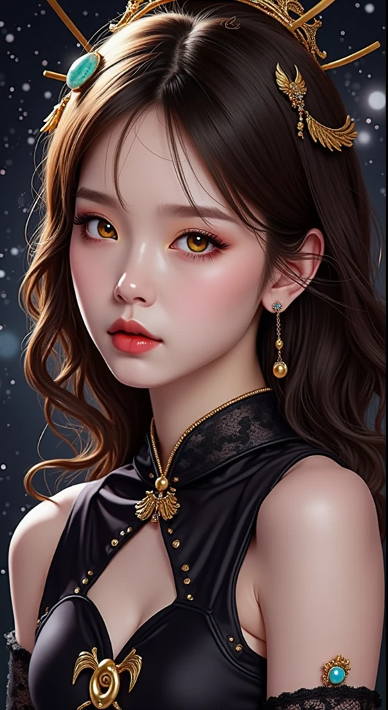 1 2, 1 zodiac goddess from the future, 12 Zodiac goddess pink-purple, 12 Zodiac goddess Audai thin sexy yellow deep slit chest, 12 zodiac Ao Dai many details black lace deep slit chest, Goddess mythology 12 zodiac signs from the future, chineseZodiac, Luxurious sparkling zodiac style, dark and mysterious version, zodiac crown, Red lipstick, thin and pretty lips,don't smile,Keep one's mouth shut,Characters created by Carol Barker and Pino Dianey,Complicated details,detailed back ground,extremely detailed nipple,Light magic,A woman of one,full bodyesbian,s the perfect face,Clear face,Look at the face of the goddess of the zodiac,Blooms' chest, Big and round breasts,Long hair with flat bangs,beautiful detailed face and well-proportioned eyes, (Yellow eyes:1.8),Big round eyes and very beautiful and detailed makeup,Visionary,Wearing a long silk shirt,Mysterious makeup,Flat bangs and dyed light gold,The upper body is the zodiac sign of the goddess,Physically,Arms hanging down, Realistic and vivid images, (The stars that make up the zodiac:1.7), (Constellations in sky background and broken doors of space-time,textured:1.8),fiction art,RAW photos,hanfu photos,best photos,Highest high resolution,best qualtiy,Best photo quality,8K quality,8K extreme,Ultra photo realsisim,The most realistic photo,12 zodiac goddess portrait art,12 symbols behind the 12 constellations,Single goddess portrait 1 constellation, Most realistic color scheme, best photo color, tmasterpiece, Hair decoration, choker necklace, jewely, Nice face, The upper part of the body, Tyndall effect, photograph realistic, dark studio, Border light, Bright in two shades, (highdetailskin: 1.2), 8K UHD, digital SLR camera, softlighting, high high quality, volumettic light, realisticlying, snapshot, A high resolution, 4K quality, 8k, bokeh, Smooth and sharp, 10x pixel increments, Female sexy zodiac goddess, sexy zodiac goddess,