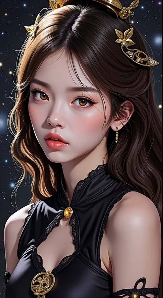 1 2, 1 zodiac goddess from the future, 12 Zodiac goddess pink-purple, 12 Zodiac goddess Audai thin sexy yellow deep slit chest, 12 zodiac Ao Dai many details black lace deep slit chest, Goddess mythology 12 zodiac signs from the future, chineseZodiac, Luxurious sparkling zodiac style, dark and mysterious version, zodiac crown, Red lipstick, thin and pretty lips,don't smile,Keep one's mouth shut,Characters created by Carol Barker and Pino Dianey,Complicated details,detailed back ground,extremely detailed nipple,Light magic,A woman of one,full bodyesbian,s the perfect face,Clear face,Look at the face of the goddess of the zodiac,Blooms' chest, Big and round breasts,Long hair with flat bangs,beautiful detailed face and well-proportioned eyes, (Yellow eyes:1.8),Big round eyes and very beautiful and detailed makeup,Visionary,Wearing a long silk shirt,Mysterious makeup,Flat bangs and dyed light gold,The upper body is the zodiac sign of the goddess,Physically,Arms hanging down, Realistic and vivid images, (The stars that make up the zodiac:1.7), (Constellations in sky background and broken doors of space-time,textured:1.8),fiction art,RAW photos,hanfu photos,best photos,Highest high resolution,best qualtiy,Best photo quality,8K quality,8K extreme,Ultra photo realsisim,The most realistic photo,12 zodiac goddess portrait art,12 symbols behind the 12 constellations,Single goddess portrait 1 constellation, Most realistic color scheme, best photo color, tmasterpiece, Hair decoration, choker necklace, jewely, Nice face, The upper part of the body, Tyndall effect, photograph realistic, dark studio, Border light, Bright in two shades, (highdetailskin: 1.2), 8K UHD, digital SLR camera, softlighting, high high quality, volumettic light, realisticlying, snapshot, A high resolution, 4K quality, 8k, bokeh, Smooth and sharp, 10x pixel increments, Female sexy zodiac goddess, sexy zodiac goddess,