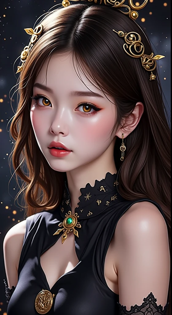 1 2， 1 zodiac goddess from the future， 12 Zodiac goddess pink-purple， 12 Zodiac goddess Audai thin sexy yellow deep slit chest， 12 zodiac Ao Dai many details black lace deep slit chest， Goddess mythology 12 zodiac signs from the future， chineseZodiac， Luxurious sparkling zodiac style， dark and mysterious version， zodiac crown， Red lipstick， thin and pretty lips，don't smile，Keep one's mouth shut，Characters created by Carol Barker and Pino Dianey，Complicated details，detailed back ground，extremely detailed nipple，Light magic，A woman of one，full bodyesbian，s the perfect face，Clear face，Look at the face of the goddess of the zodiac，Blooms' chest， Big and round breasts，Long hair with flat bangs，beautiful detailed face and well-proportioned eyes， （Yellow eyes：1.8），Big round eyes and very beautiful and detailed makeup，Visionary，Wearing a long silk shirt，Mysterious makeup，Flat bangs and dyed light gold，The upper body is the zodiac sign of the goddess，Physically，Arms hanging down， Realistic and vivid images， （The stars that make up the zodiac：1.7）， （Constellations in sky background and broken doors of space-time，textured：1.8），fiction art，RAW photos，hanfu photos，best photos，Highest high resolution，best qualtiy，Best photo quality，8K quality，8K extreme，Ultra photo realsisim，The most realistic photo，12 zodiac goddess portrait art，12 symbols behind the 12 constellations，Single goddess portrait 1 constellation， Most realistic color scheme， best photo color， tmasterpiece， Hair decoration， choker necklace， jewely， Nice face， The upper part of the body， Tyndall effect， photograph realistic， dark studio， Border light， Bright in two shades， （highdetailskin： 1.2）， 8K  UHD， digital SLR camera， softlighting， high high quality， volumettic light， realisticlying， snapshot， A high resolution， 4K quality， 8k， bokeh， Smooth and sharp， 10x pixel increments， Female sexy zodiac goddess， sexy zodiac goddess，