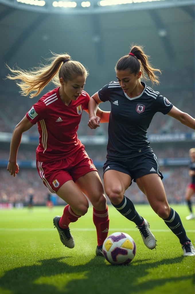 Sexy female soccer players fighting for the ball by kicking each other 