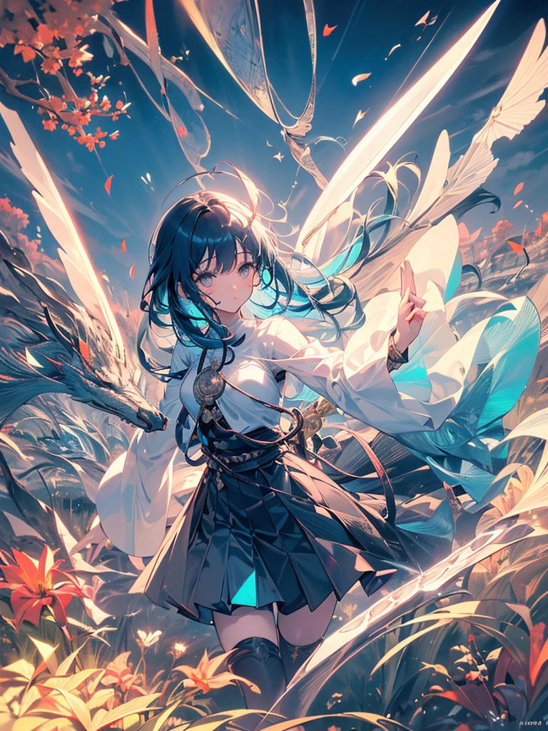 Girl with huge hair in movement, ultra-detailed eyes, beaded eyes, seriousness, hero posture, (((a sword in front of her stuck in the ground))), small round breasts, muscular thighs, big ass, leaves flying in the wind and all around, very blue sky, {extremely detailed 16k CG unit wallpaper}, expansive landscape photography, (a view from below focusing on the character and the sky above), (wide view of open field), ( low angle photo), (high light: 1.5), (low light: 1.2), (warm light source: 1.6), complex details, (iridescent colors: 1.5), (bright lighting), (atmospheric lighting), Dreamy , single,