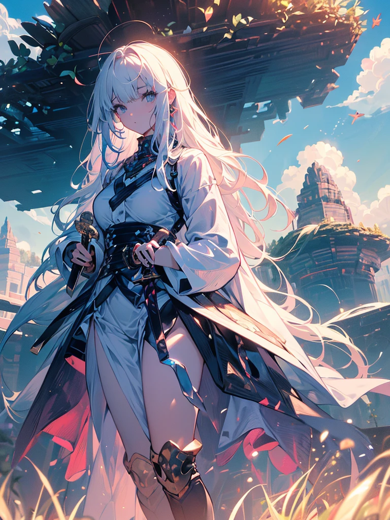 Girl with huge hair in movement, ultra-detailed eyes, beaded eyes, seriousness, hero posture, (((a sword in front of her stuck in the ground))), small round breasts, muscular thighs, big ass, leaves flying in the wind and all around, very blue sky, {extremely detailed 16k CG unit wallpaper}, expansive landscape photography, (a view from below focusing on the character and the sky above), (wide view of open field), ( low angle photo), (high light: 1.5), (low light: 1.2), (warm light source: 1.6), complex details, (iridescent colors: 1.5), (bright lighting), (atmospheric lighting), Dreamy , single,