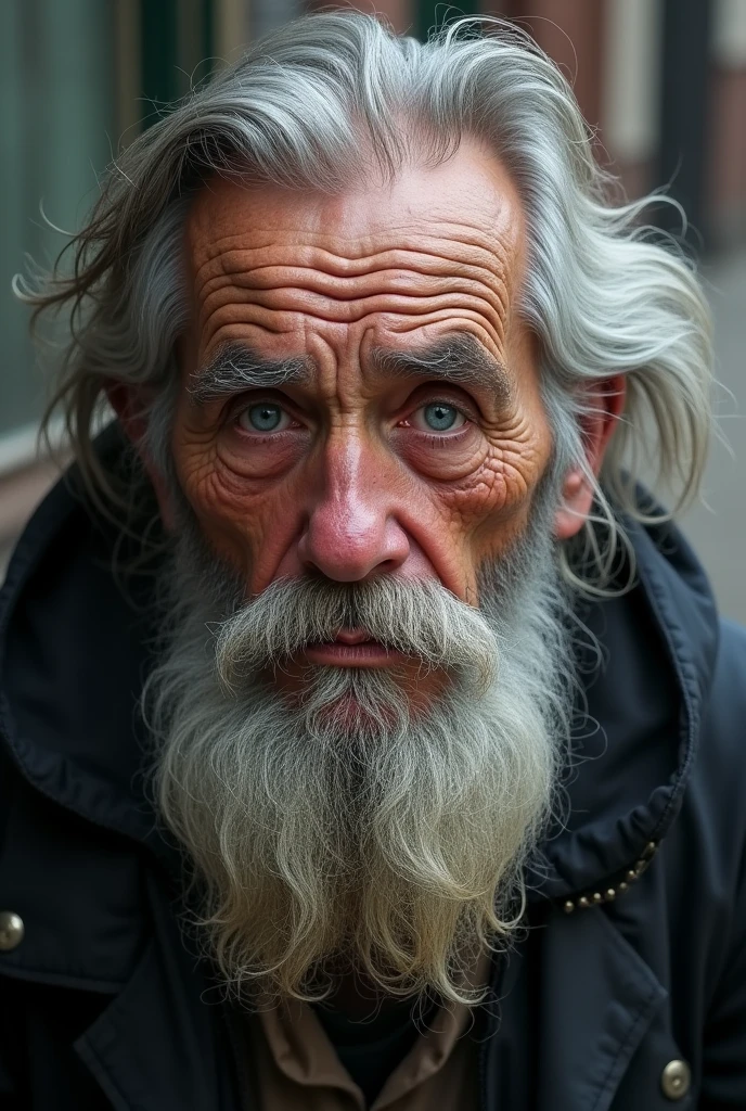 Old homeless man 65 years old. Blue eyes, a little bit small. Grey long beard and hair covers with a white head. A little scar on his nose and a few hairs. Years of alcoholism. He wasn’t attractive. His head wasn’t very oval. His head had a round shape. His cheeks were full but old
