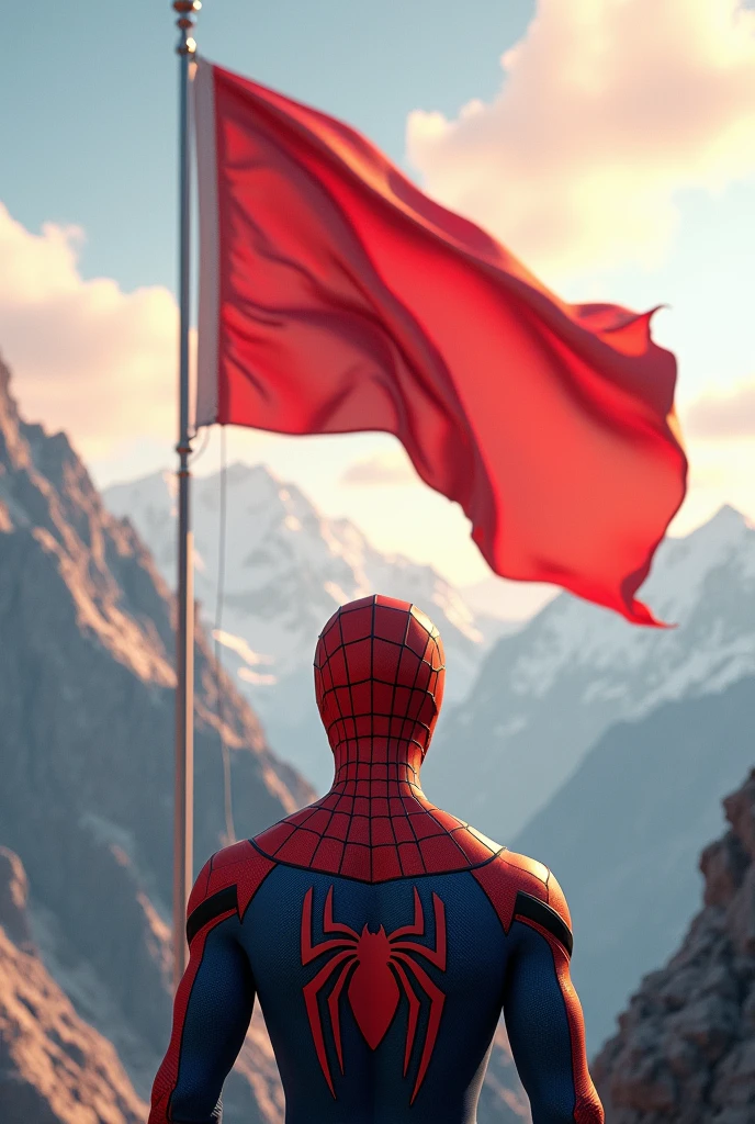 Ultra realistic 3d animation of spiderman respectfully facing the red and white flag fluttering in the background on the top of the mountain in focus image