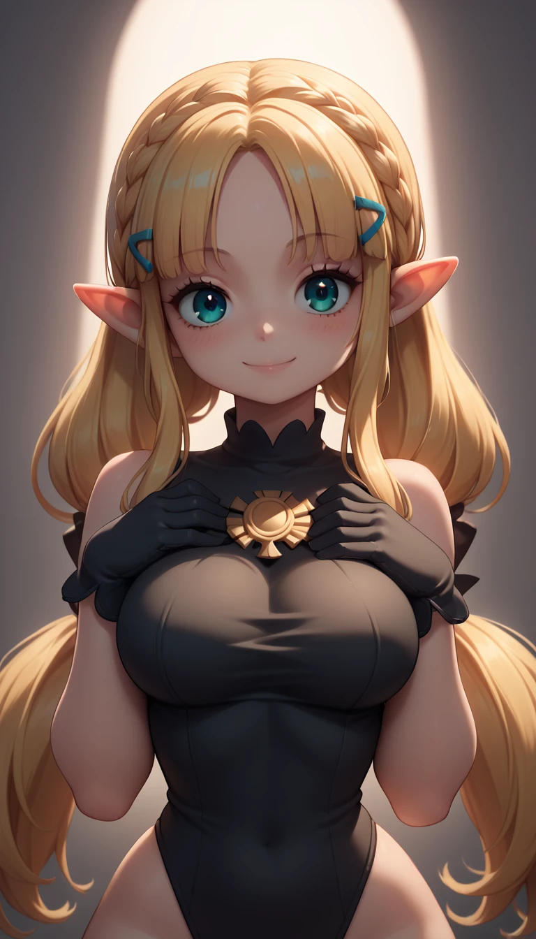 High resolution, Very detailed, perfect lighting, beautiful detailed eyes, ((masterpiece,Best Quality)), absurdities, alone, princess zelda, by the width, crown braid, Hair clip, pointy ears, Gloves without fingers, black gloves, smile, curves, nod, , deep neckline, deep neckline, black one piece swimsuit with pink details, touching her breasts in a sexy way, close up, black fur, close up, pigtails with bangs, pigtails with bangs, touching her breasts in a sexy way, teal eyes, close up, pigtails with bangs