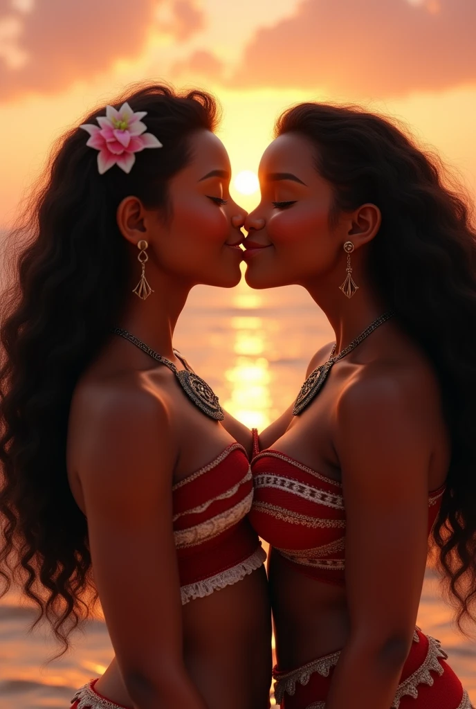 A picture of Moana, young and beautiful, hyper realistic, real portrait, backlit, exquisite features, cleavage, sunset, she is kissing the demigod Maui