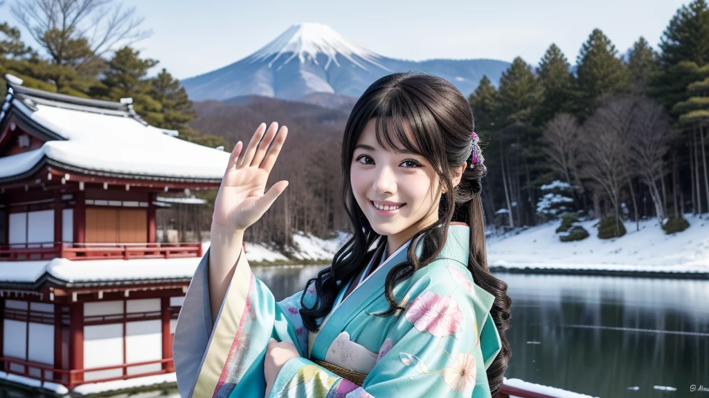 smile, wave hands, bye bye, Shortcuts, Hokkaido, front, winter, snow, 最high quality、high quality、Best image quality、8k、最High resolution、High resolution、Realistic photos, Healthy body, Beautiful Eyes, Flowing black hair, Colorful kimono, Calm expression, Soft lighting, Traditional Japanese art style, Vibrant colors, Peaceful atmosphere, Delicate features, Graceful posture, Beautiful Landscape