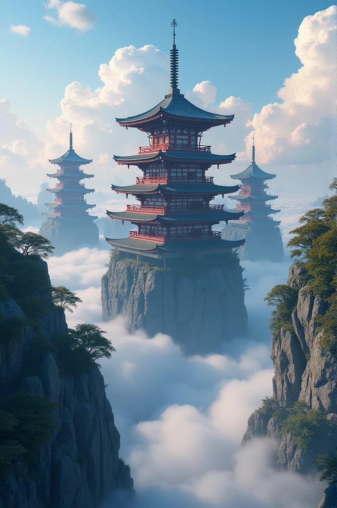 Cyberpunk japanese temples in sky floating