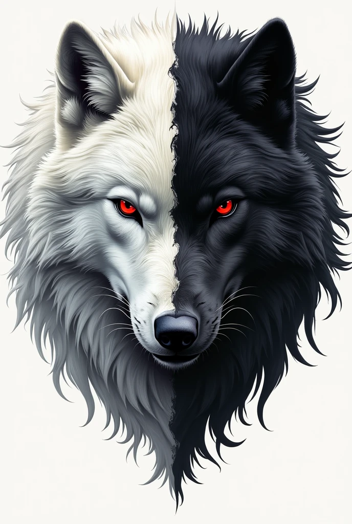 a tattoo with a white wolf and a black wolf and both with red eyes 
