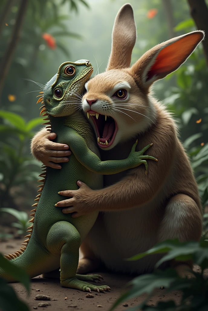 A angry rabbit having sex with a weak iguana