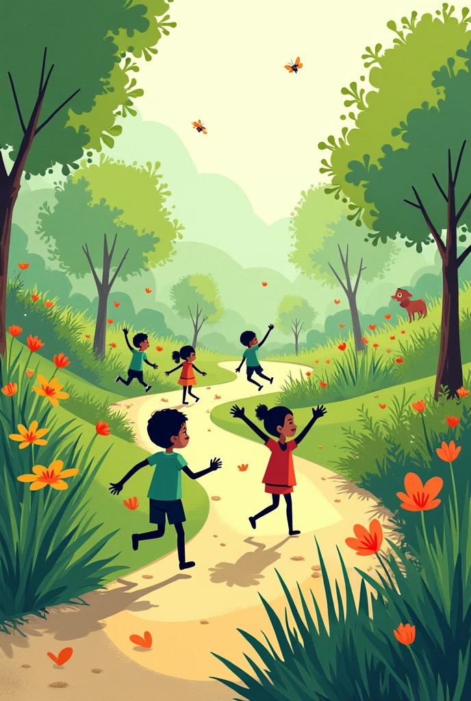 stick figure kids in a garden