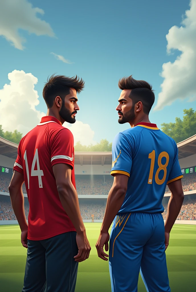 Two cricket players named aman with gercy no 14 and samip 18 in red and blue gercy