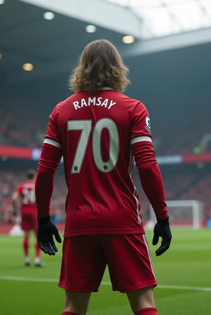 A Liverpool player named Ramsay who wears number 70 and also has long sleeves and black gloves and wavy hair about to take a penalty seen from behind