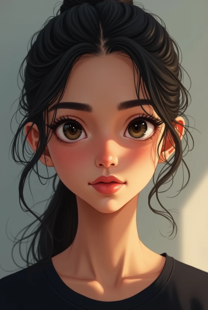 Create a close-up illustration of a beautiful 15year-old indian girl . She has beautiful narrow eyes . Clean jawline . carefully styled her hair into a neat ponytail and black t shirt picture should be until neck