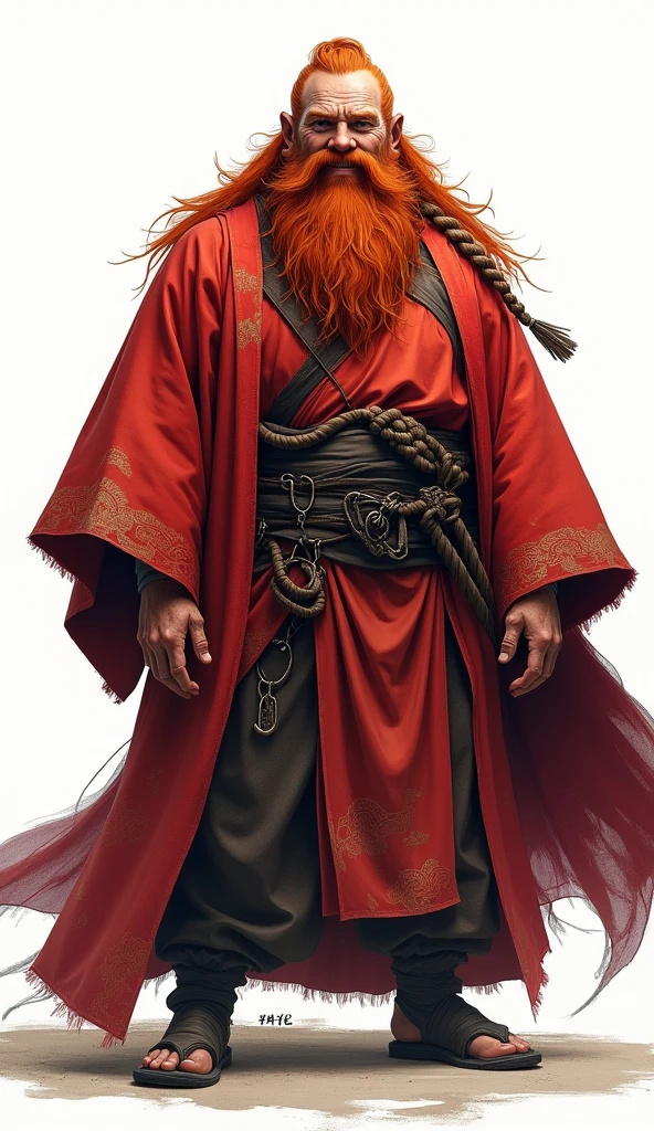 ((kimono)), (male: 1.3), dwarf, (Masterpiece, intense details: 1.5) full body, red cloak, red hair, long braided beard, hair strand, smile, high detail, Realism, Action painting, depth of field, god rays, wide shot, panorama, Ultra-Wide Angle, uhd, super detail, high quality, Photorealism, 16K, highres, No background, White background, background through