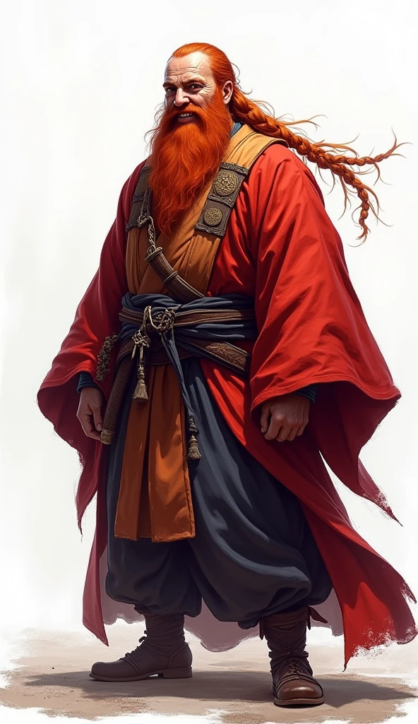 ((kimono)), (male: 1.3), dwarf, (Masterpiece, intense details: 1.5) full body, red cloak, red hair, long braided beard, hair strand, smile, high detail, Realism, Action painting, depth of field, god rays, wide shot, panorama, Ultra-Wide Angle, uhd, super detail, high quality, Photorealism, 16K, highres, No background, White background, background through