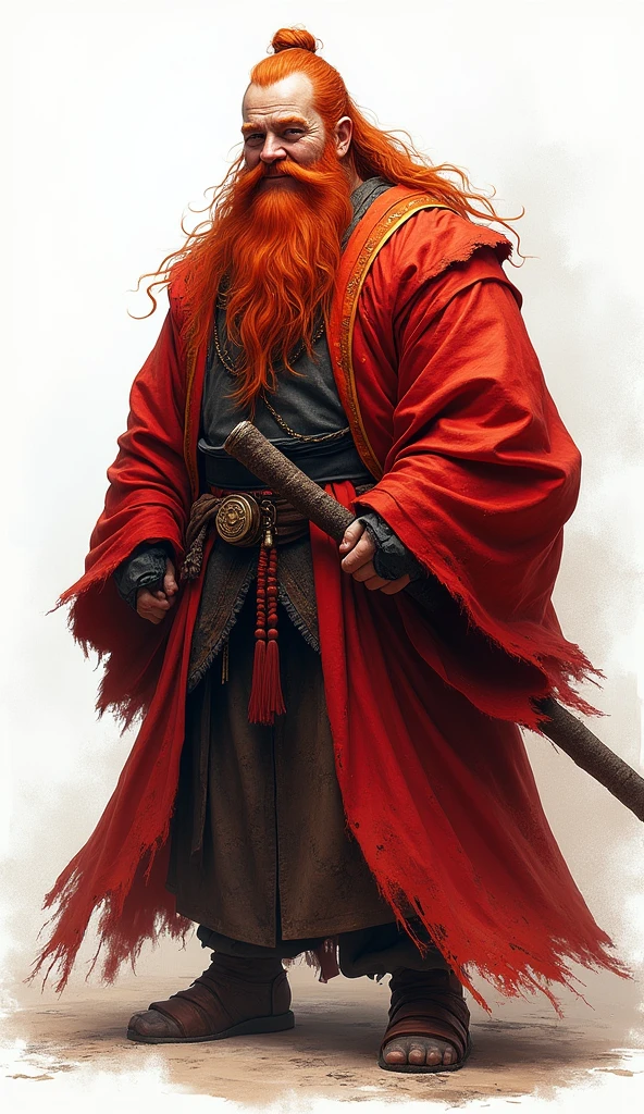 ((kimono)), (male: 1.3), dwarf, (Masterpiece, intense details: 1.5) full body, red cloak, red hair, long braided beard, hair strand, smile, high detail, Realism, Action painting, depth of field, god rays, wide shot, panorama, Ultra-Wide Angle, uhd, super detail, high quality, Photorealism, 16K, highres, No background, White background, background through