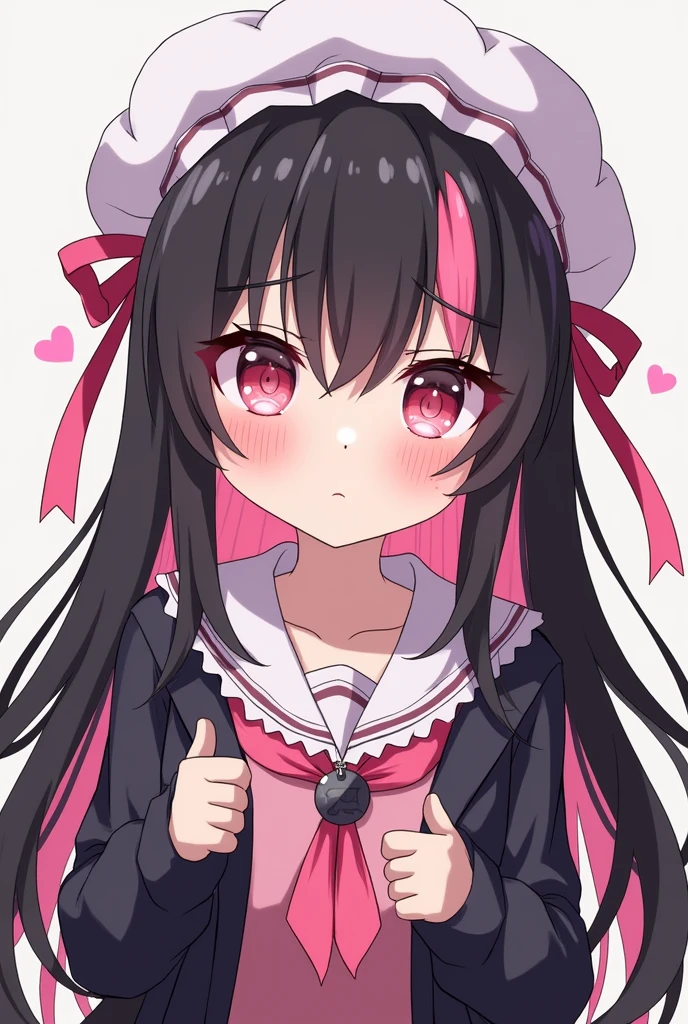 One person, Black Hair,Pink inner color,Long Hair, Gaze, Heavy bangs,Half pigtails Close your mouth, Pink eyes, Droopy eyes, Open your eyes, Take a closer look, Hearts in eyes, Simple Background, ribbon, Headband, White fluffy hair accessories, earphone, anime, anime風, skirt,Pale skin,黒色✨長袖,Frills,Mine system,smartphone,Looking down,No eyebrows,Red eyeshadow under the eyes,Pink Sailor Suit,Dark cardigan,Drooping eyes,Confused eyes