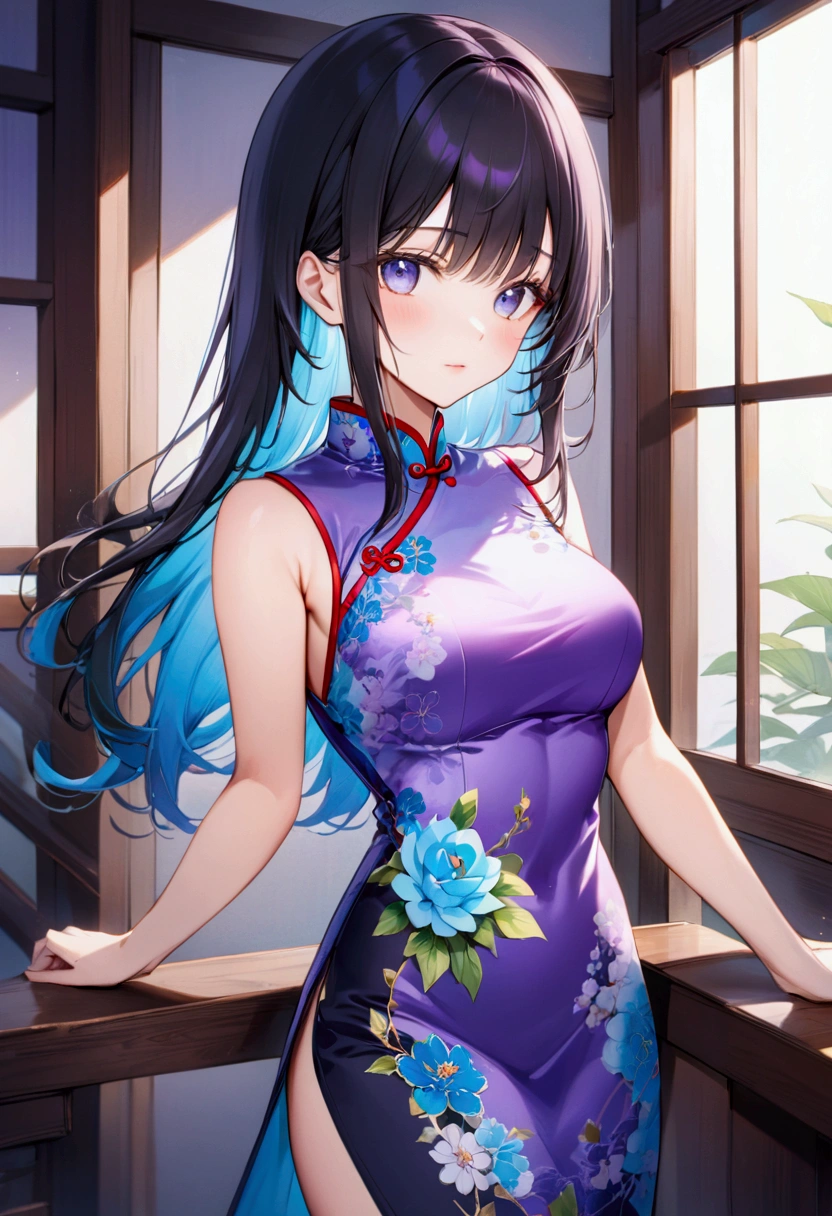 Adult anime girl in with long straight black hair with multi color(purple and blue) highlights,purple and blue eyes,cheongsam,8k, best quality, professional photo