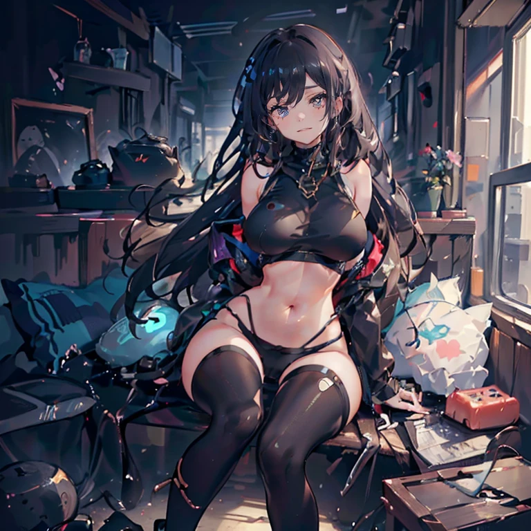 Anime Kawaii sexy Perfect Slim sensuous body large breast and huge thighs, An intricate and highly detailed illustration of anime (Young girl) ((best qualityer)), ((work of art)), (detailded:1.4), 3d, HDR (high-range dynamics), ray tracing, nvidia RTX, Super-resolution, Irreal 5, underground dispersal, PBR texturing, Post-processing, Anisotropic filtering, Depth of field, Maximum clarity and sharpness, Multilayer textures, Albedo and Specular Maps, Surface shading, Accurate simulation of light-material interaction, perfect proportions, octane rendering, two tone lighting, large aperture, Low ISO, White balance, (centred, scale to fit dimensions, rule of thirds), retina, super detaill, High details, high qualiy, awardwinning, best qualityer, high resolution, ultra HD, 8K CRU, (bright coloured:1.2), A European woman , Kristin Kreuk, 1 girl, (beautiful charming girl:1.6), breasts big, cute face, cute makeup, Long straight red hair, russet hair, (((black gold_eyeballs:1.3))), detailded symmetrical beautiful green human eyeballs, perfect big green human eyeballs, expressive eyeballs, big red limps, chubby one-armed woman, Big shy smile, glad, (delicate smile:1.4), detailded human hands, gold and black futurist uncovered belly skintight crop sport top and underpants, Microfiber Lycra Sports Shorts, zippered top and panties, slightly unzipped zipper, high tech knee high boots, revealing clothing, (detailded tactical gear:1.1), sensuous, appealing, slutty, seducer, erotic, full body posture standing, ela posa de forma dinâmica e sensuous, his captivating expression fixed directly on the camera, precise, anatomically correcte, texturized skin, background in port space, realisitic, futurist, Fantasyart, beautiful epic composition.