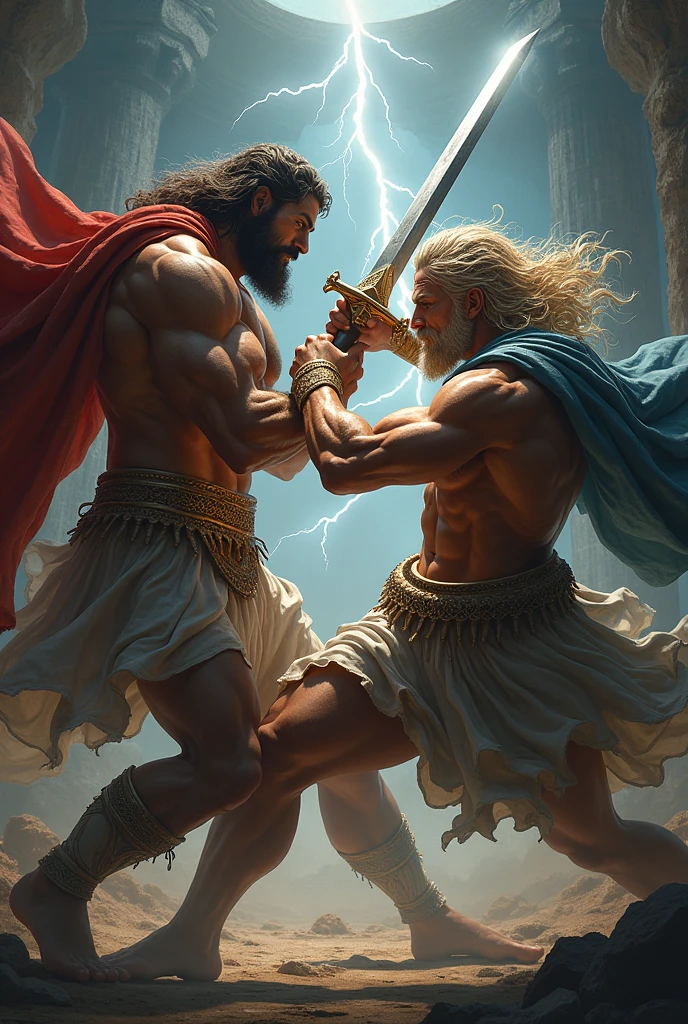 Greek god fighting another Greek god with swords, em um ambiente escuro 