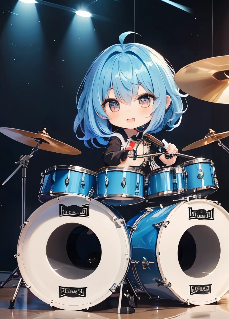 (((Metal Band)))、Blue-haired chibi character、スティックを持って激しくドラムを叩いてるBlue-haired chibi character、A beautiful depiction using tens of thousands of colors、masterpiece、Ultra HD、super high quality、8k、(((ドラムを叩くBlue-haired chibi character)))、delicate and cute patterned bass drum、Delicate drums、Black Background